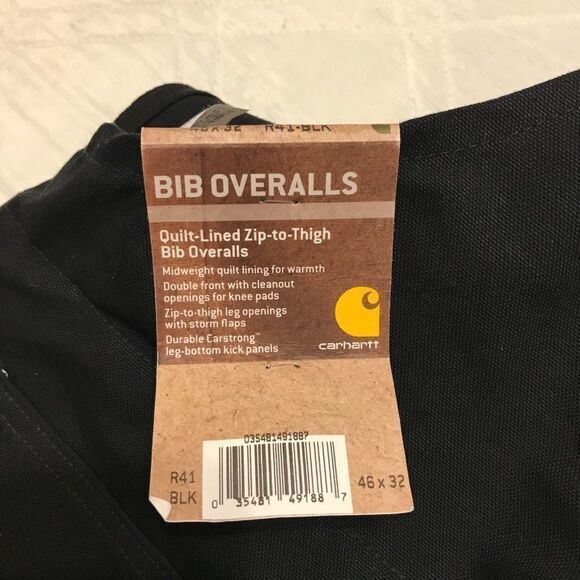 Carhartt Black Quilt Lined Bib Overalls‎ 46X32 nwt - Picture 7 of 8
